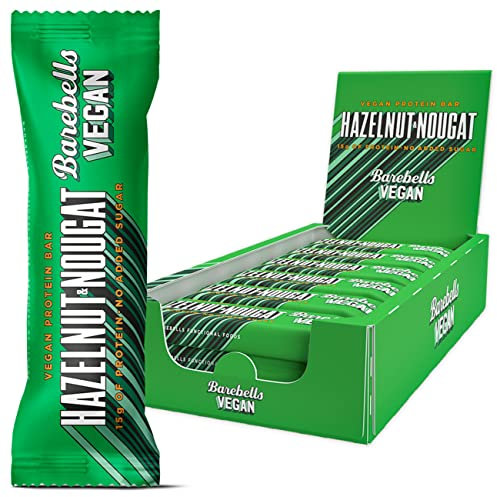 Barebells Proteinriegel, Schokoriegel mit 15 g Protein und wenig Kohlehydraten, kalorienarme Snacks nach dem Training, 12 x 55 g (Haselnuss-Nougat vegan)