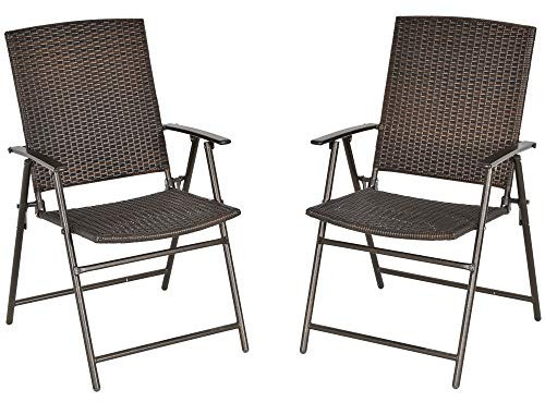 Outsunny Folding Garden Chairs Set of 2, PE Rattan Garden Dining Chairs with Armrests, High Back and Steel Frame, Weather Resistant Outdoor Dining Furniture for Patio, Balcony, Brown