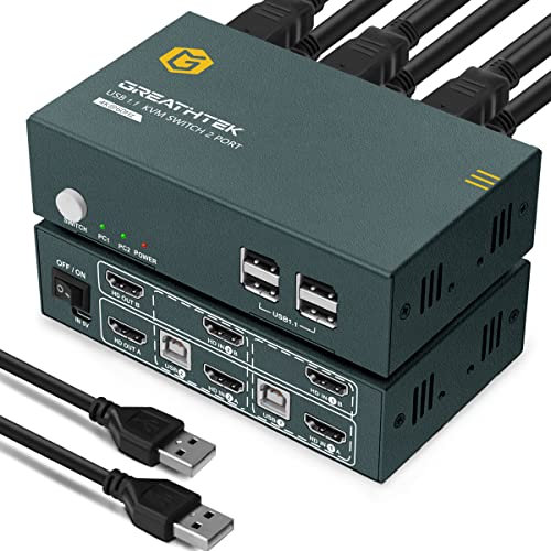 HDMI KVM Switch Dual Monitor 2 Port 4K@30Hz,USB1.1, KVM Switch 2 Monitore,HDMI 2.0,HDCP2.2,2 PC 2 Monitor Switch, Umschalter KVM,Mit 4 HDMI und 2 USB Kabel,Button Switch