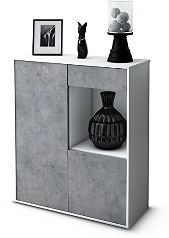 Stil.Zeit Highboard Lena, Korpus Weiss matt, Front Industrie-Design Beton (92x108x35cm), Push-to-Open Technik & Leichtlaufschienen