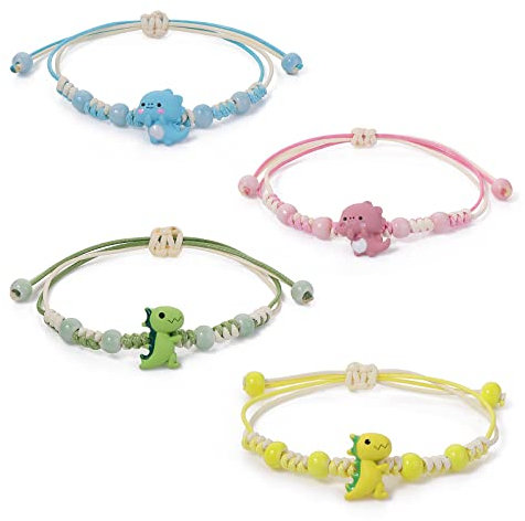 4 Stück Cartoon Dinosaurier Armband für Mädchen Buntes Glücksseil Geflochtenes Armbänder Harz Dinosaurier Freundschaftsarmband Schmuck Gut für Kinder Mädchen Jungen