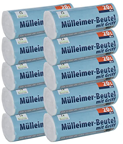 400 Stück Müllbeutel Premiumline: 20 Liter, 10er Pack, Größe: 50 x 51 cm - Besonders reißfest und wasserdicht - Mit Trage-Griff/Henkel