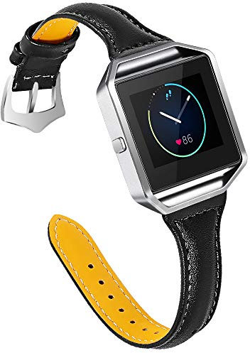 Lederarmband, kompatibel mit Fitbit Blaze, für Damen und Mädchen, Ersatz-Armband mit Metallrahmen, schlankes Sport-Armband, verstellbar, 14 - 20 cm, kompatibel mit Fitbit Blaze – Schwarz