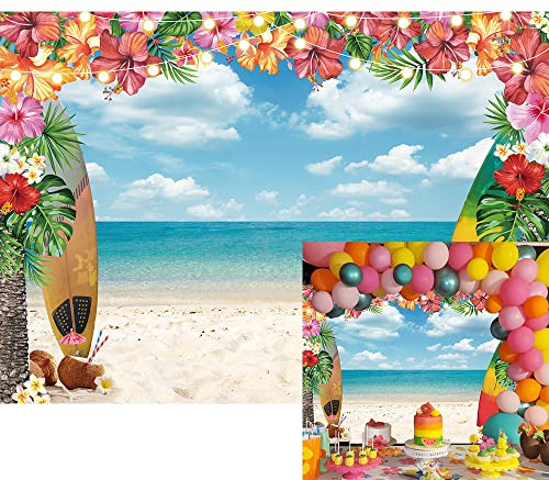 Aloha Hawaiianischer Strandhintergrund mit tropischen Blumen und Palmenblättern, Blauer Himmel, Wolke, Dekoration für Geburtstagsfeier, Babyparty, Kuchendekoration, Fotoshooting-Tisch (2,1 x 1,5 m)