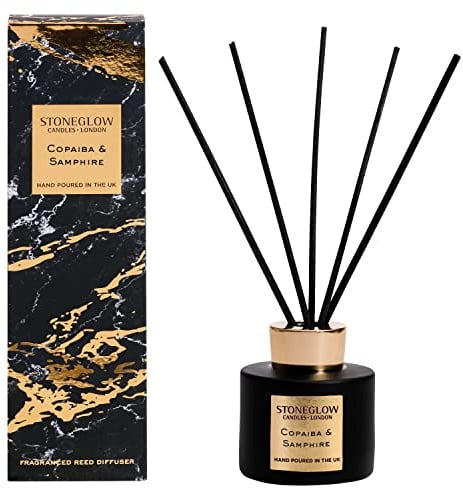 Stoneglow Luna Collection Copaiba & Samphire Scented Reed Diffuser 120ml – Ocean Spray, Peppermint & Eucalyptus Scents, Lasts 10 Weeks, 10 Rattan Reed Diffuser Sticks, Refillable Home Fragrance
