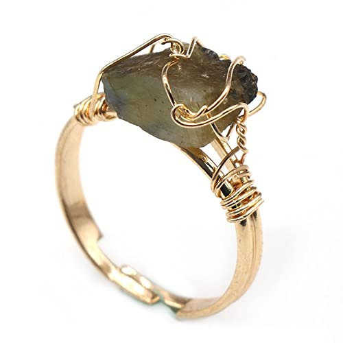 WLLDDDIU Natürlicher Labradorit-Ring Unregelmäßiger Rauer Kristall Goldener Ring Verstellbar Offene Steinringe Für Frauen Reiki-Balance Knöchel-Fingerringe Für Frauen Mädchen Männer