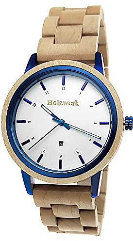 Holzwerk Germany Handgefertigte Designer Unisex Damen-Uhr Herren-Uhr Öko Natur Holz-Uhr Armband-Uhr Analog Klassisch Quarz-Uhr Braun Ahorn Blau Weiß (braun)