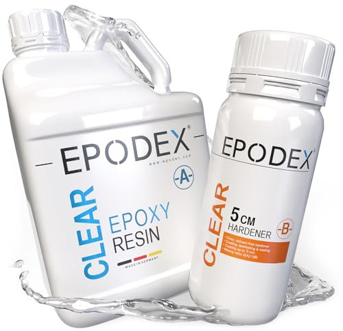 EPODEX Epoxidharz Set ECO+ | klares Epoxy Resin für Gießhöhen bis 5cm | Gießharz-Set ohne oder mit Farbpigmenten | für River-Tische, Lampen, Projekte mit hohen Form- und Gussteilen und vieles mehr
