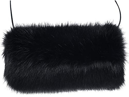 LA CARRIE Kunstfell-Handwärmer für Damen, Winterwärmer, flauschig, Plüsch, Schalldämpfer, Hochzeit, Mädchen, Kinder, elegant, luxuriös, schick, Schwarz mit Tasche, Einheitsgröße