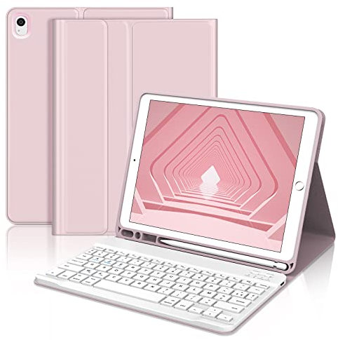 JADEMALL Coque avec AZERTY Clavier pour iPad 10.2 9eme/8eme/7eme Generation 2021/2020/2019/iPad Air 3 2019, Détachable Clavier Bluetooth sans Fil pour iPad 10.2/10.5, Rose