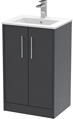 Hudson Reed JNU2201B Juno Modern Bathroom Floor Standing 2-Door Vanity with Minimalist Ceramic Basin, 500mm, Woodgrain Graphite Grey