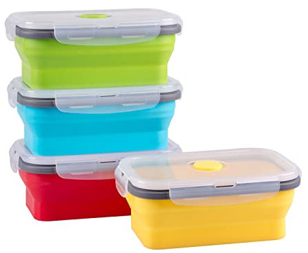 Contenedores plegables de almacenamiento de alimentos con tapa hermética, juego de recipientes plegables de silicona para preparación de comidas, para sobras, apto para microondas, congelador,