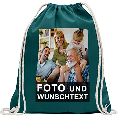 Kiwistar Wunschtext mit Foto - Rucksack personalisiert und bedruckt - Turnbeutel Fun Sport Beutel Gymsack Baumwolle mit Ziehgurt
