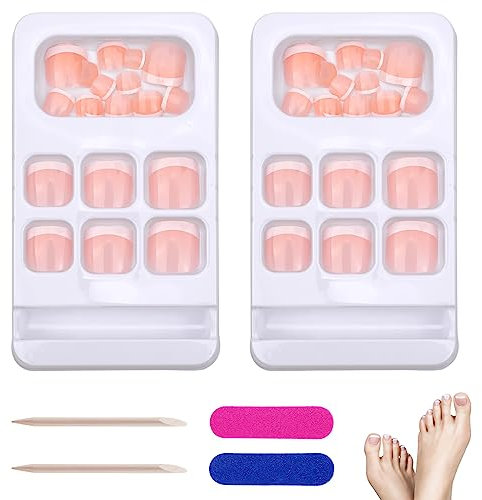 JSRQT 48 Pcs Fake Toe Nail Art Tips, Full Cover Short Fake Toe Nails for Women Girls, French Artificial Manicure Fake Toe Nails False Toenails, Natural Toenails Nail Art Design