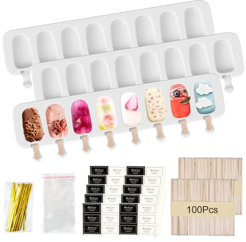 3 Piezas Moldes para Helados Silicona, Moldes para Paletas 8 Cavidades, Moldes para Polos Sin BPA, Popsicle Moldes con 100 Palitos de Helado, 50 Bolsas, 50 Alambres para Envolver y 60 Pegatinas