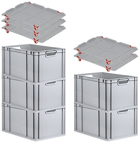 PROREGAL SparSet 5x Eurobox NextGen Grip mit Auflagedeckel & 4 roten Schiebeschnappverschlüssen, HxBxT 32x40x60cm, 65 L, Grau, Griffe offen, Eurobehälter, Transportbox
