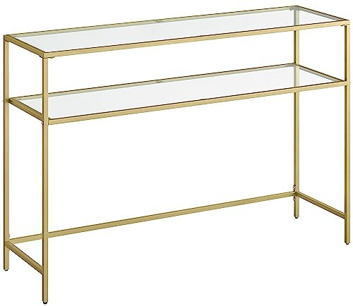 VASAGLE Konsolentisch, Beistelltisch, Oberfläche aus Hartglas, moderner Sofatisch, einfacher Aufbau, verstellbare Füße, Wohnzimmer, Flur, goldfarben-transparent LGT045A61