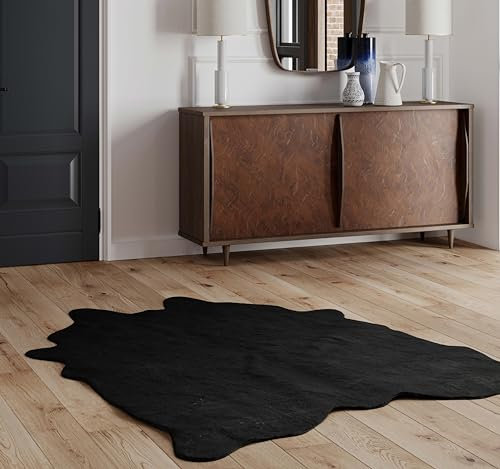 NativeSkins Teppich aus Rindslederimitat – Mitternachtsschwarz (übergroß), 1,9 m x 2,5 m, dreilagige Unterstützung, ultraweicher Flor, handgeschnitten, Wildlederimitat, rutschfeste Unterseite,