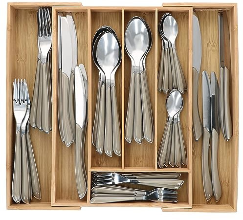 MamboCat Beauty Kassi Bambus-Besteckkasten mit Besteck für 12 Personen 25,3-40cmx35,5cmx5cm größenverstellbarer Besteckeinsatz für Schubladen Je 12x Gabel Messer Löffel Kuchengabel & Teelöffel