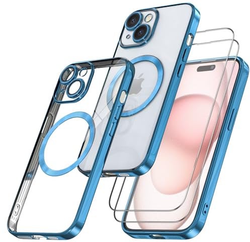 Giolus Clear for iPhone 15 Plus Case Compatible with Mag-safe with Camera Protection and 2 Pack Screen Protector, Transparent Magnetic Slim Silicone Case Shockproof Scratch Resistant Case Blue