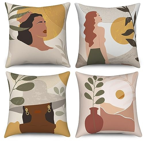 ASDCXZ Boho Kissenbezug 40x40 cm 4er Set, Modern Abstrakt Kunst Mädchen Blätter Sonne Sofa Dekokissen Kissenbezüge Kissenhülle Waschbar Polyester Flachs Textil Polster Kopfkissenbezug Kissen Bezug