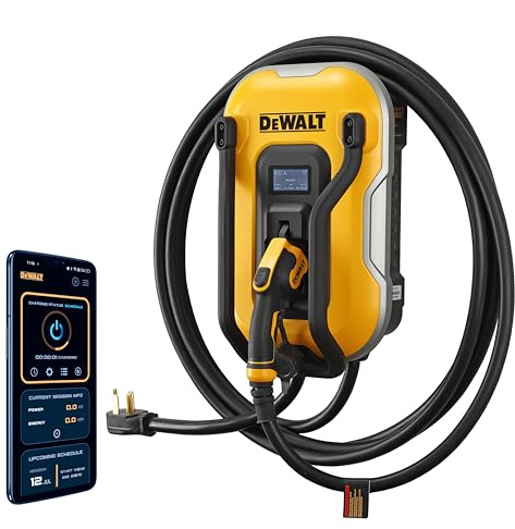 DEWALT Electric Vehicle Level 2 EV Charger up to 40 Amps 240V, App Control Bluetooth & Wi-Fi, CSA Certified Indoor/Outdoor NEMA 14-50 Plug Wall Mounted Charging Station with 25 ft. Cable