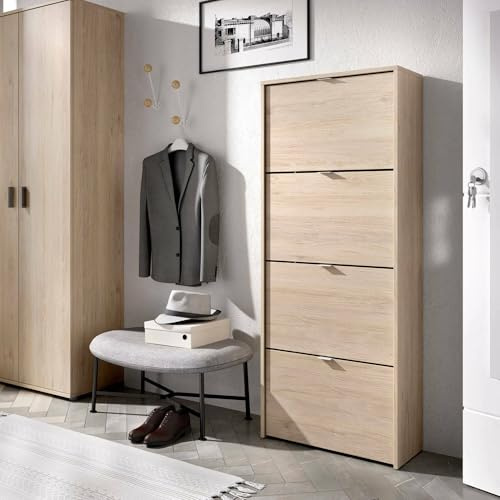 Dmora - Schuhregal Vettore, platzsparendes Schuhregal für den Eingangsbereich, Schuhschrank mit 4 Klapptüren, 61 x 25 x 149 cm, Eiche