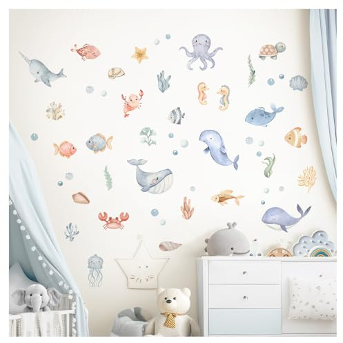 DEKO KINDERZIMMER Wandtattoo Meerestiere 52 Stück Set Wandsticker Babyzimmer Fisch Wandaufkleber Kinderzimmer Unter dem Meer Badezimmer Wanddeko DK1144-04