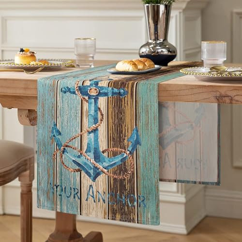Tischläufer Boho Leinen Grün Blau Grau Planken Scheune Blaugrün Läufer Ozean Anker Tischlaufer Wohnzimmer Frühling Sommer Herbst Winter für Esstisch Party Hochzeit Küche Tisch 40 x 140 cm