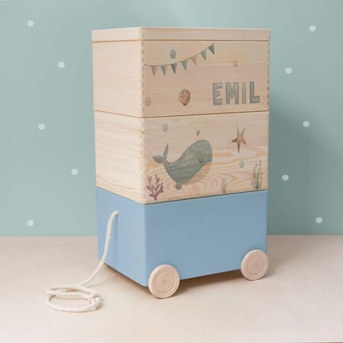 hellomini Personalisierte Spielzeugkiste aus Holz zur Aufbewahrung - Stapelkiste Holz - Spielzeugkiste Kinderzimmer - Personalisiertes Geschenk für Kinder (Wal 3er)