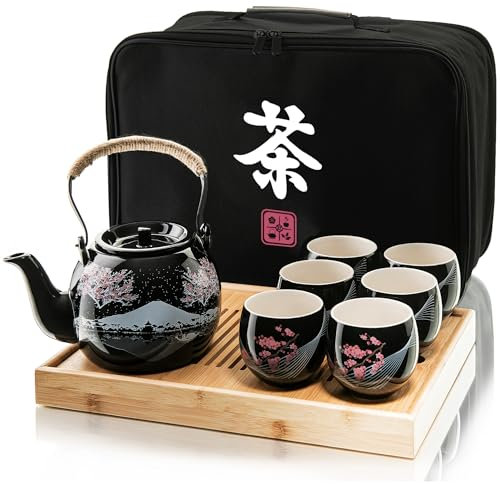 Set da tè tradizionale giapponese, set da tè in ceramica con teiera, 6 tazze da tè, 1 vassoio da tè in bambù e sacchetto regalo per viaggi, casa o all'aperto, set da tè per adulti con teiera e