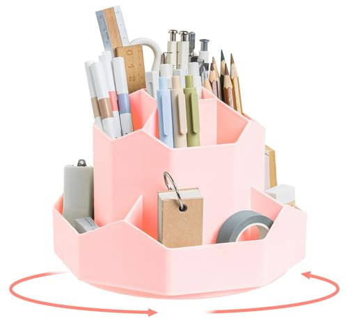 Haphome Schreibtisch Organizer Kinder Drehbarer Stiftehalter - 360 Grad Multifunktionaler Stiftehalter Schreibtisch mit 9 Sortierfächer Stifte Organizer für Organizer Büro Schule Zuhause (Pink)