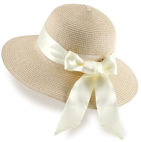 GNEGNI LIFE Sun Hat Women, Straw Beach Hat Sun Protection Summer Hat Foldable Wide Brim Hat Floppy for Women Travel Holiday (Beige & Beige Ribbon)