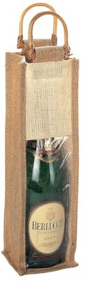 Artexia Borsa Porta Bottiglie in Juta con Finestra in PVC Trasparente e Manici in Bambo Portabottiglie Vino Regalo Sacchetti Porta Bottiglie di Vino (Juta x1, Unica)