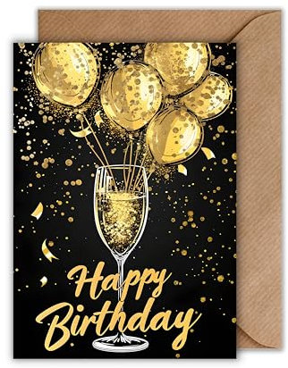 WBdesignz Geburtstag Karte mit Umschlag - Sekt Glas Geburtstagskarte Happy Birthday Schwarz Gold Sektglas Goldene Luftballons (DIN A6)