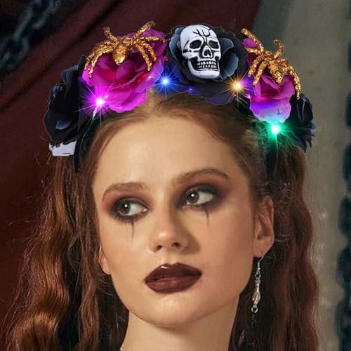 Reaky Bandeaux lumineux pour Halloween, bandeaux à fleurs à paillettes LED, bandeau araignée doré, coiffe du jour des morts, accessoires pour cheveux d'Halloween pour femmes (violet, taille unique)