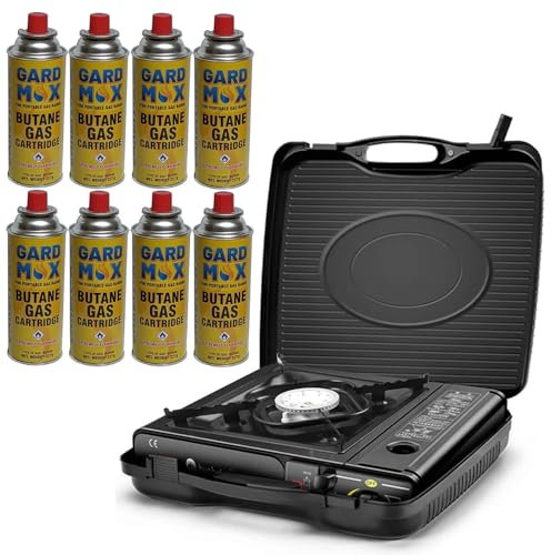 Portable Camping Gas Cooker Single Burner Stove Enamel Pan Holder BBQ Caravan Outdoor EN417 Compliant Premium Camping Stove with Automatic Ignition System & Heat Control (Stove + 8 Gas Cans)