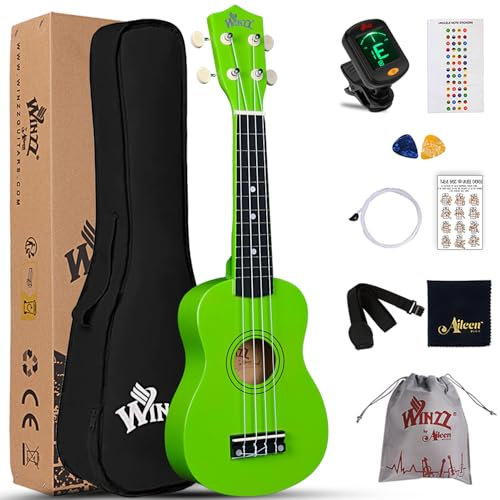 Winzz Ukelele Soprano Starter Kit para Principiante. Incluye: Funda, Afinador, Cuerdas Extra, Correa Ajustable, Púas, Pegatinas de notas, Guía de Acordes y Paño de Pulido. Color: Verde Claro