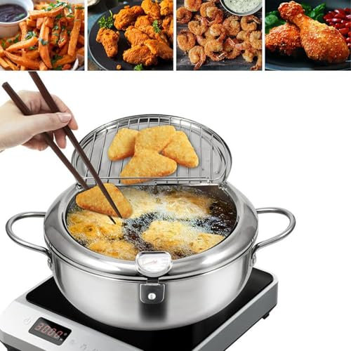 Friggitrice in acciaio inox, friggitrice giapponese con termometro, friggitrice in acciaio inox con coperchio, con controllo della temperatura e griglia raccogli gocce di olio (20 cm)