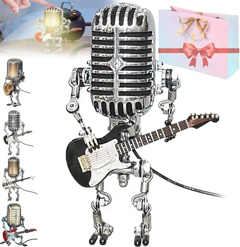 Wbietu Mic Rockbot, Vueeze Mic Rockbot, Sherum Mic Rockbot, Vintage Microphone Robot Desk Lamp, Metal Microphone Robot Lamp with Mini Guitar,Holding Guitare Vintage Night Light (Black)