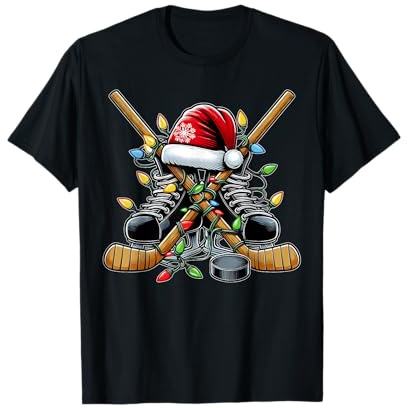 Ice Hockey Player Stick Puck Christmas Hat Gifts - Unisex-Erwachsene, Unisex-Kinder - Schwarz - S - Kurzarm - T-Shirt - Cartoon - Weihnachten - Winter