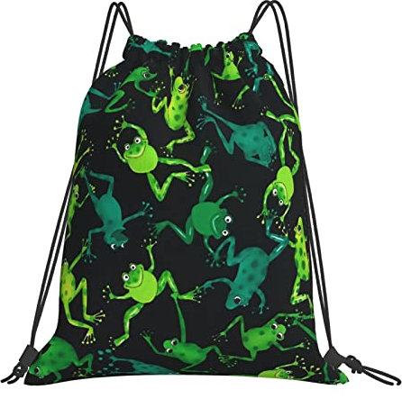 Richugui Rucksack mit Kordelzug, Grün, Schwarz, Frösche, Kordelzugbeutel, Sport, Fitnessstudio, Tasche für Damen und Herren, Rucksäcke, Training, Yogatasche, Schwarz, One size