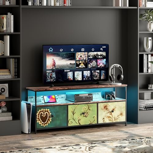 FOERPL Mueble TV LED, 137 cm mesa TV, mueble Tele con LED cajón de tela, mesa de TV salón con almacenamiento, banco de TV, mueble bajo, almacenamiento para sala de estar, dormitorio (a 3 cajones, 137