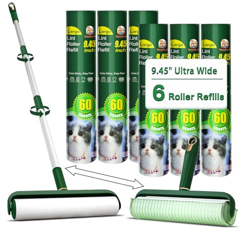 Große Fusselrolle für Tierhaare, Boden-Fusselrolle mit 24 cm Riesen-Fusselrolle, Nachfüllpackung, 360 Blatt insgesamt, ausziehbarer Griff, klebrige Rollen für Boden, Teppich, Möbel, Kleidung und