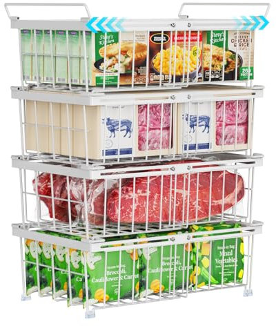 iSPECLE Gefriertruhe Organizer - 4er Stapelbarer Gefrierkörbe für 283 bis 566L Gefriertruhe einfache Sortierung von gefrorenen Lebensmitteln, GefrierKorb aus Draht mit Griffen Leicht zu Bewegen, Weiß