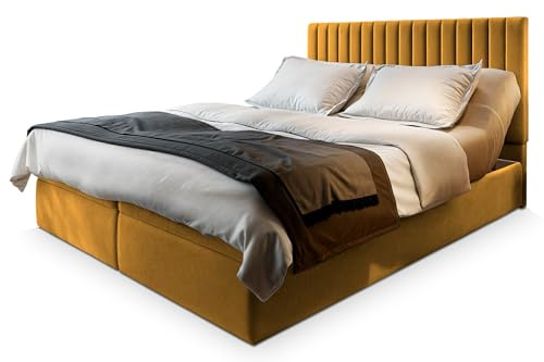 Masseno Boxspringbett MURLO 140x200 cm Komplett-Set mit Matratze und Topper, Polsterbett mit Zwei Bettkästen -Gelb, Kronos 01