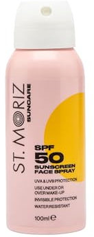 ST. MORIZ Suncare LSF 50 Sonnenspray für das Gesicht | Trocknet unsichtbar Vitamin E, LSF 50 und Schutz vor UVA- und UVB-Strahlen | Unter oder über dem Makeup | Dermatologisch getestet | Vegan | 100ml