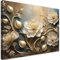 Feeby Leinwand Bilder - Bild Wohnzimmer - Blumen Gold Beige Glamour - 120x80 cm XXL 1tlg - Deko Schlafzimmer Groß - Dekoration Canvas - Gemälde - Modern Wandbilder - Kunstdruck