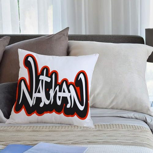 KHWEJ Kissenbezüge 50x50 cm,Nathan Graffiti-Schriftart-Stilname. Hip-Hop-Designvorlage für T-Shirt-Aufkleber oder Abzeichen,Zierkissenbezug Cushion Cover Couch Wohnzimmer Außenbereich Deko