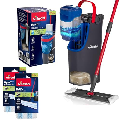 Vileda H2PrO Flat Mop And Bucket Set With 2 Additional Mop Head Refills, 100% Separation of Clean and Dirty Water with Two Tank System, Effortless Wringing, Compact Storage Design, Easy Assemble